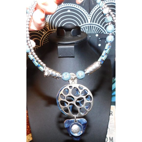 Blue And Silver Volcanic Rock Necklace - Picture 2 of 8
